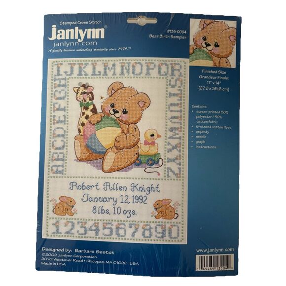 Janlynn Bear Birth Sampler Stamped Cross Stitch Needlepoint Design #135-0004 - Picture 1 of 7